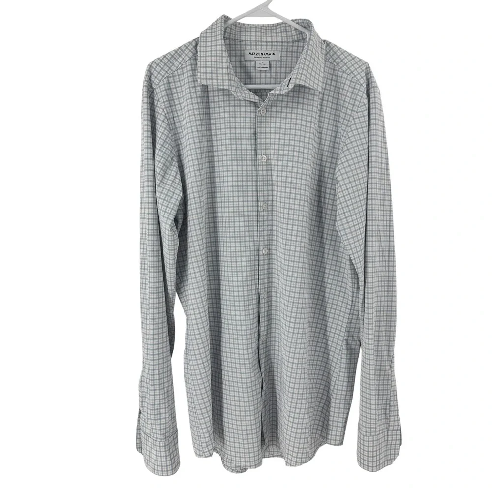 Mizzen+Main Mens‎ Trim Tall Performance Dress Shirt Blue White Check Size L